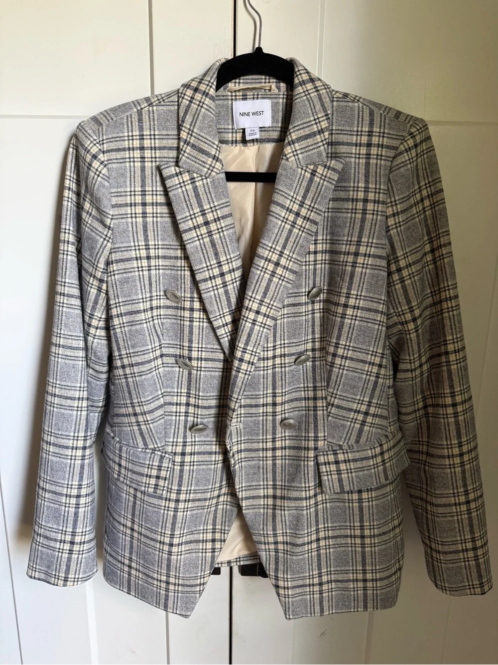 Nine West Gray Plaid Double-Breasted Blazer with silver buttons. XS, like new